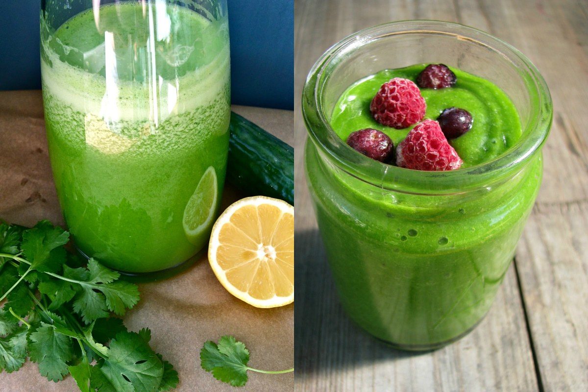 Green Smoothie with berries in glass jar